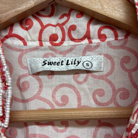 Sweet Lily Red White Embroidered Beaded Tunic Top Size Small - Picture 7 of 9